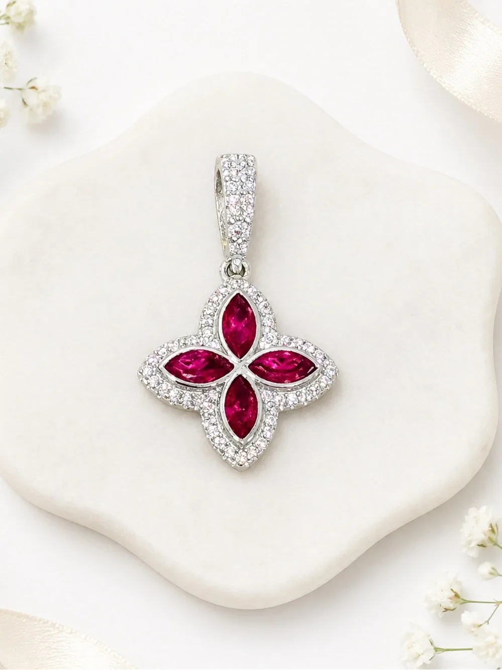 925 Sterling Silver Four-Petal Ruby CZ Pendant NEW